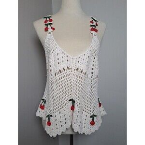 Rebellion Again Crochet Open Knit Tank Top Womens Sz L Ivory w/ Cherries Country